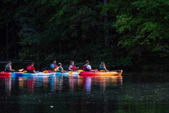 Photo of a group of people paddling a canoe on the Aveyron River, surrounded by cliffs and greenery